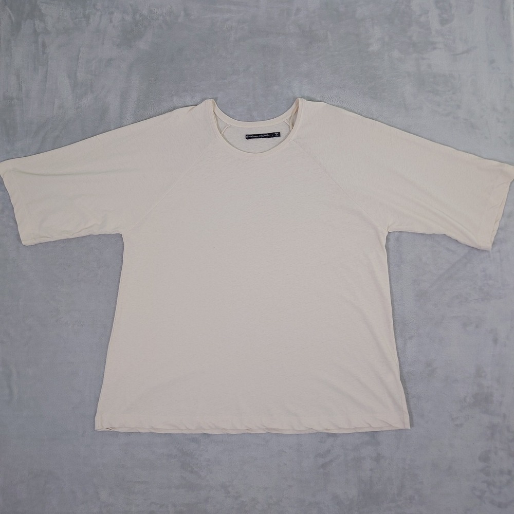 Gudrun Sjoden Cotton Linen Shirt Womens L 3/4 Sleeve Tee Beige Lagenlook 26342